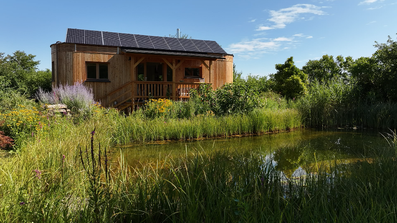 Ein Wohnwagon mit Photovoltaikanlage inmitten eines grünen Gartens mit Teich im Vordergrund.