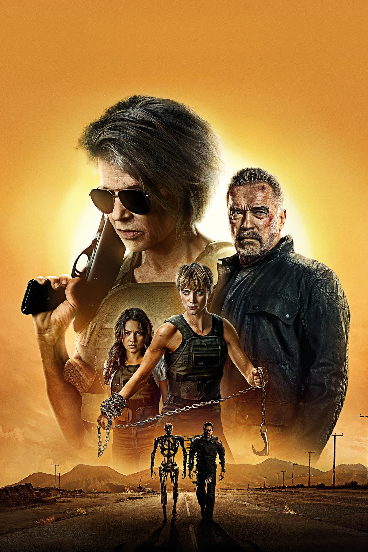 Linda Hamilton (Sarah Connor), Natalia Reyes (Daniella 'Dani' Ramos), Mackenzie Davis (Grace), Arnold Schwarzenegger (Terminator T-800 'Model 101')