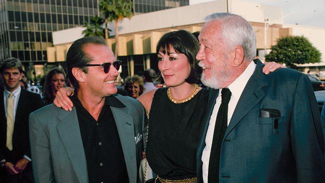 Jack Nicholson mit Anjelica Huston und ihrem Vater John Huston, Los Angeles 1985