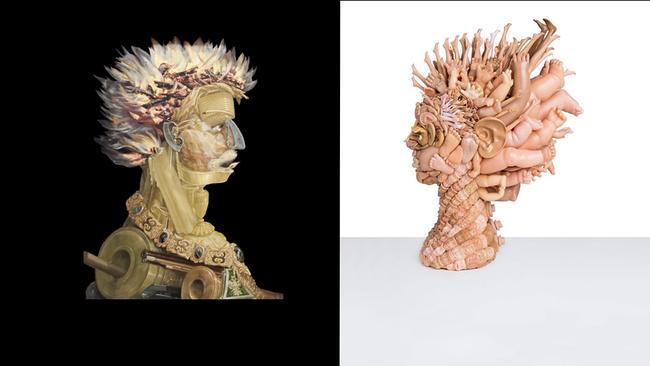 "The Fire" von Giuseppe Arcimboldo (rechts) von Künstlerin Freya Jobbins "portrait made out of repurposed doll parts"