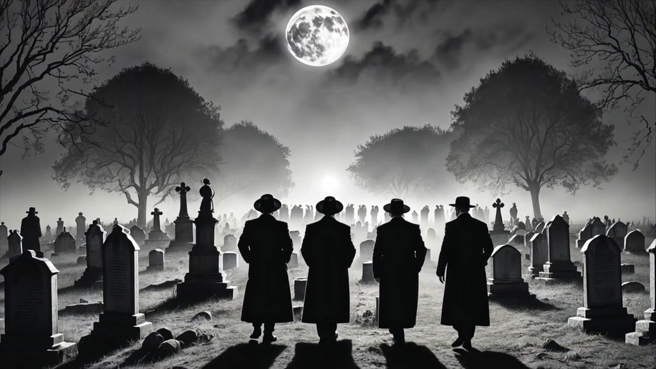 Schwarzweißzeichnung Männer auf Friedhof bei Nacht