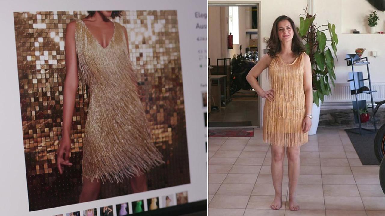 © ORF Die beiden Fotos zeigen den Vergleich zwischen dem im Internet gezeigten Kleid und der Realität