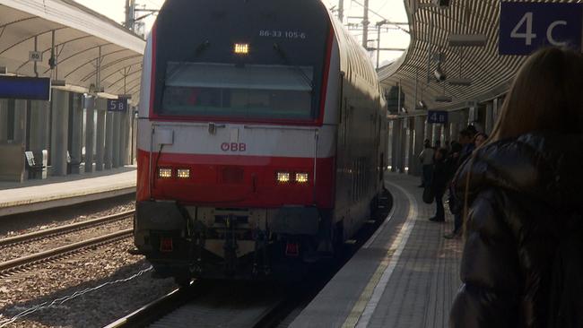 Ein Zug der ÖBB bei der Einfahrt in den Bahnhof ist zu sehen