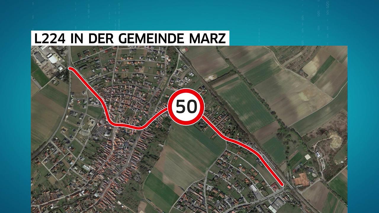 Am bild sieht man den Straßenverlauf der stark befahrenen Landesstrasse 224 welche quer durch Marz führt