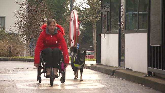 Dei junge Frau mit ihrem Assistenzhund am Weg zum Interview ins ORF Zentrum ist zu sehen.