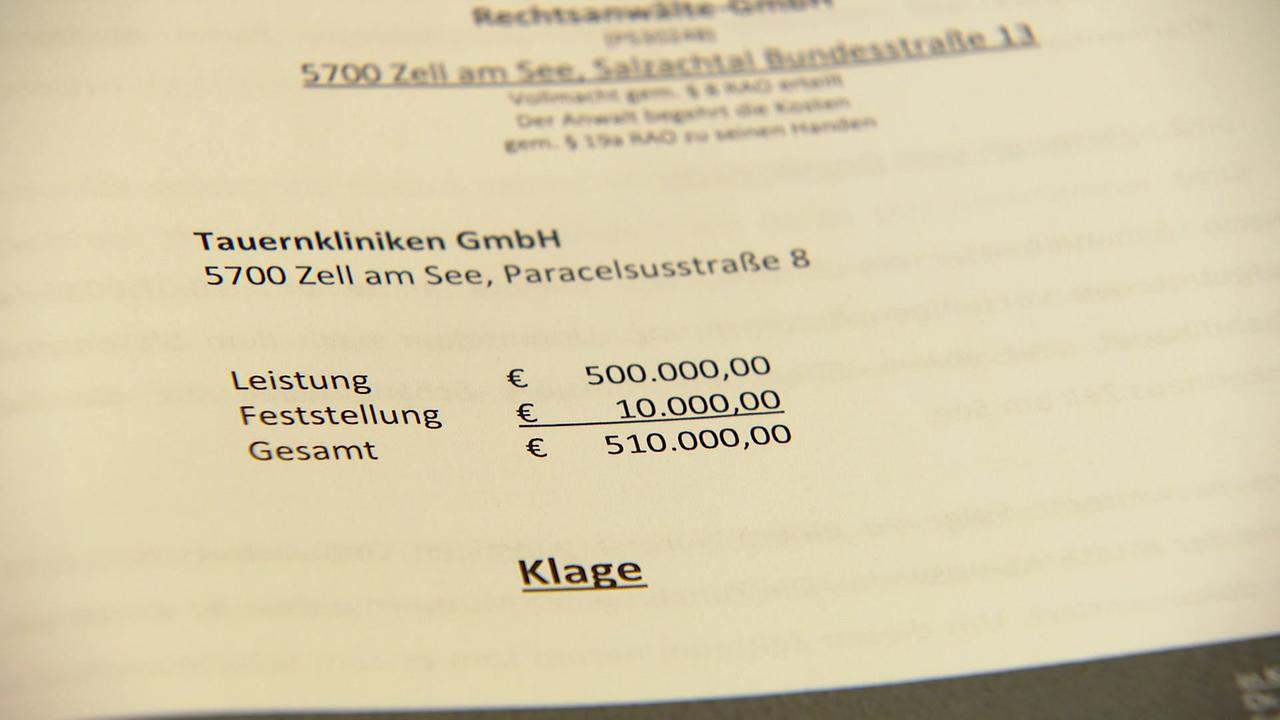 Das Bild zeigt das Klagsschriftstück über 500.000 Euro