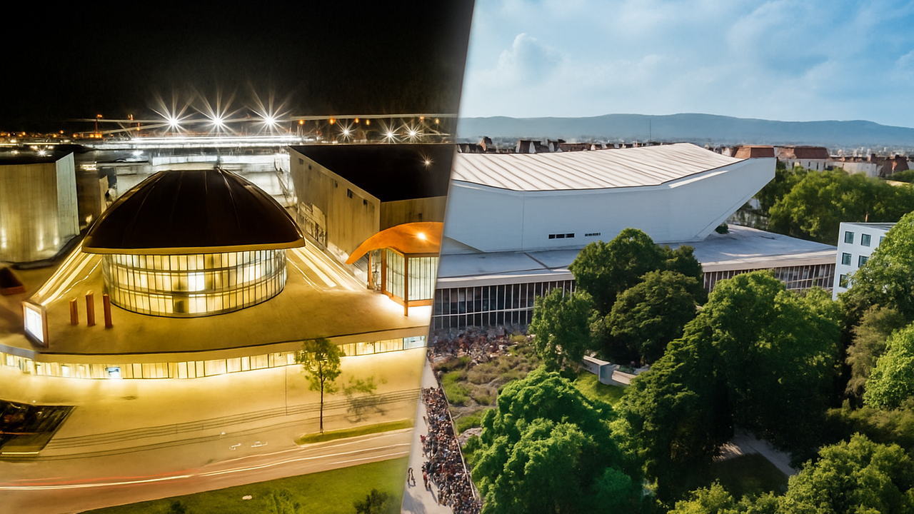 Links das Olympiastadion in Innsbruck bei Nacht, rechts die Wiener Stadthalle