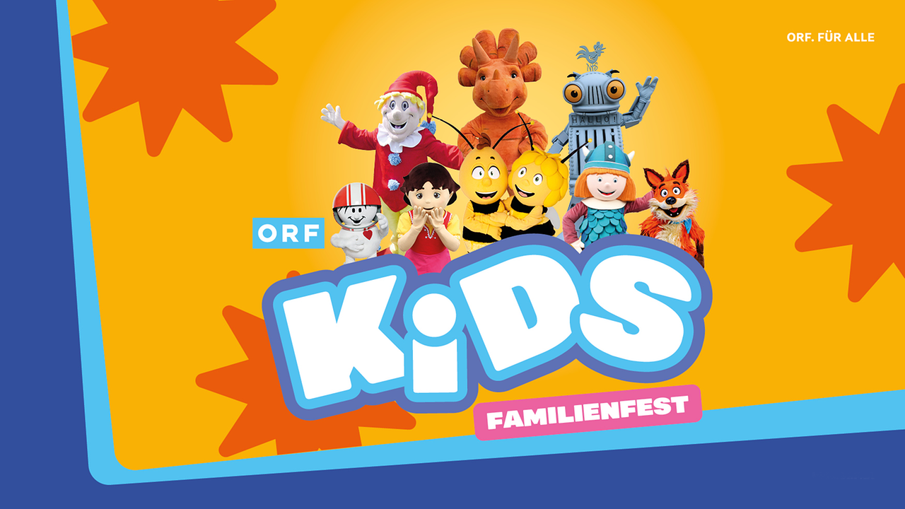 Im Bild: Biene Maja & Willi, Heidi, Wickie, Kasperl, Ritter Rost, Helmi und Vegesaurier Ginge sind hinter dem ORF KiDS Logo zu sehen.