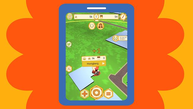 Ein weißes Smartphone wird in der Hand gehalten. Auf dem Bildschirm ist eine Grafik der Beeactive-App zu sehen.