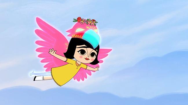 © Im Cartoon trägt Frida ein buntes Adler-Kostüm und fliegt damit durch die Lüfte.
