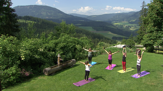 Fünf Personen machen Yoga vor Bergkulisse