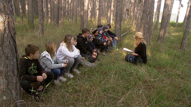 Menschengruppe sitzt im Wald