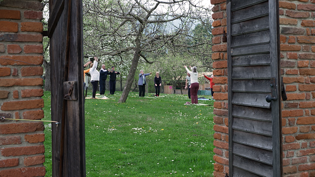 Blick durch ales Scheunentor auf Yogagruppe im Grünen