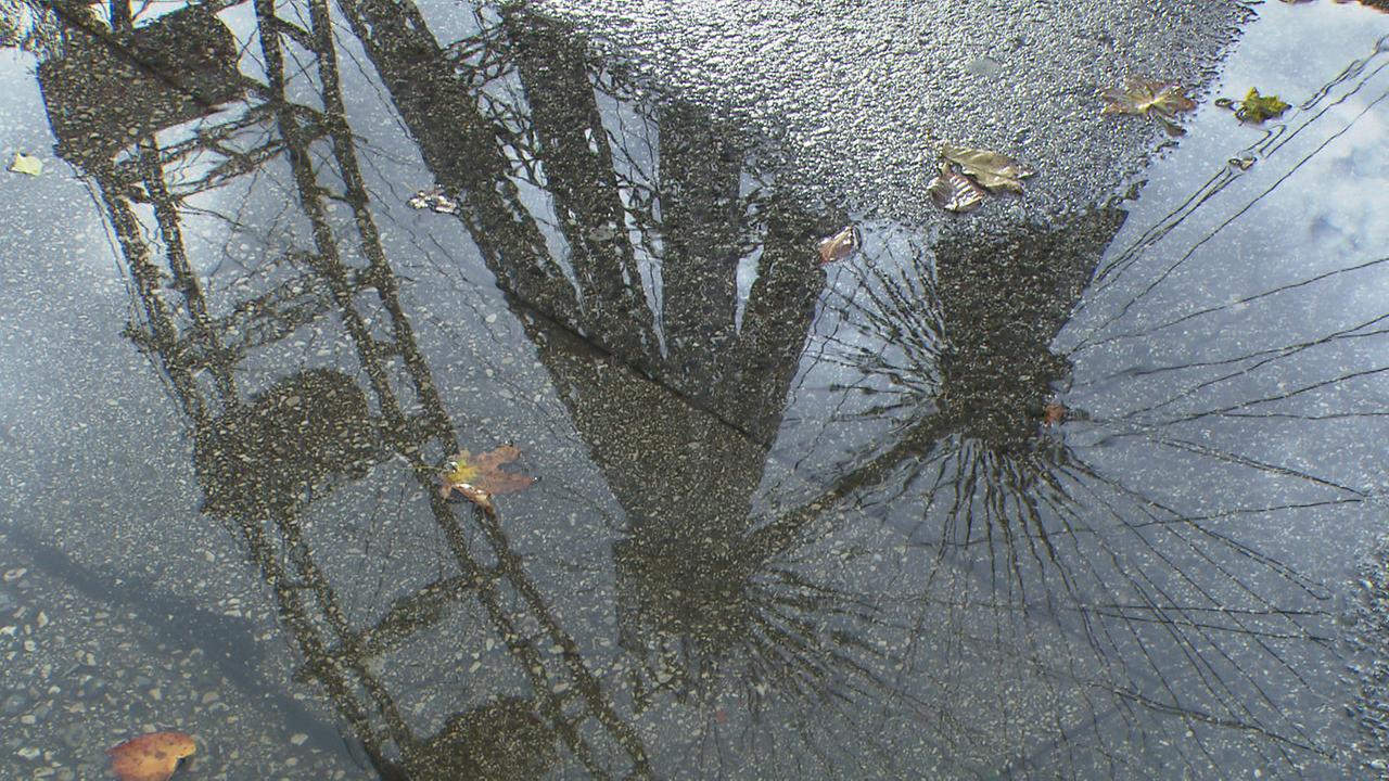 Riesenrad Spiegelung in Regenlacke