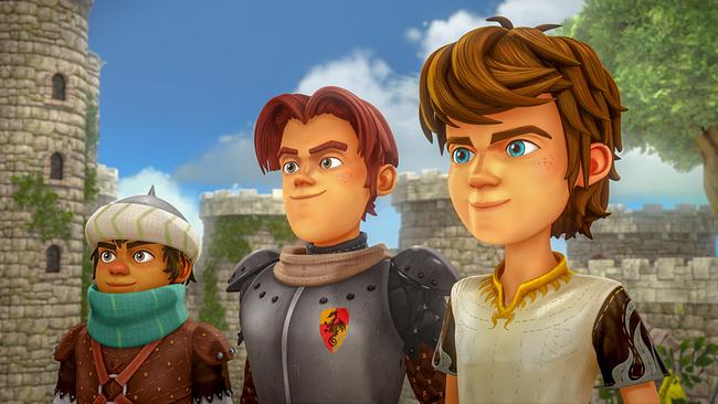 Arthur steht mit zwei Freunden in der Nähe einer Burg. Ein Junge trägt eine Rüstung, der andere eine Kappe und einen Schal.