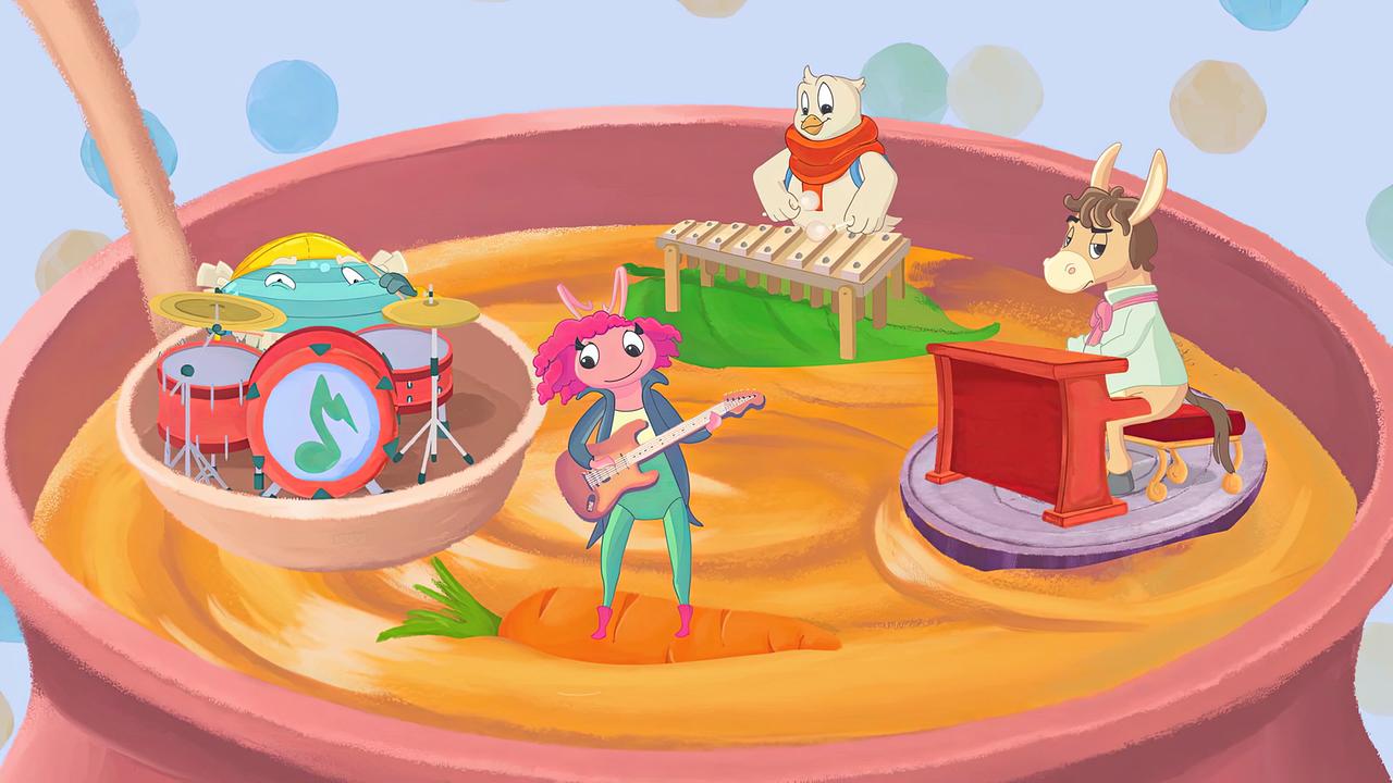 Auf einem Teller ist Obst und Gemüse zu sehen. 