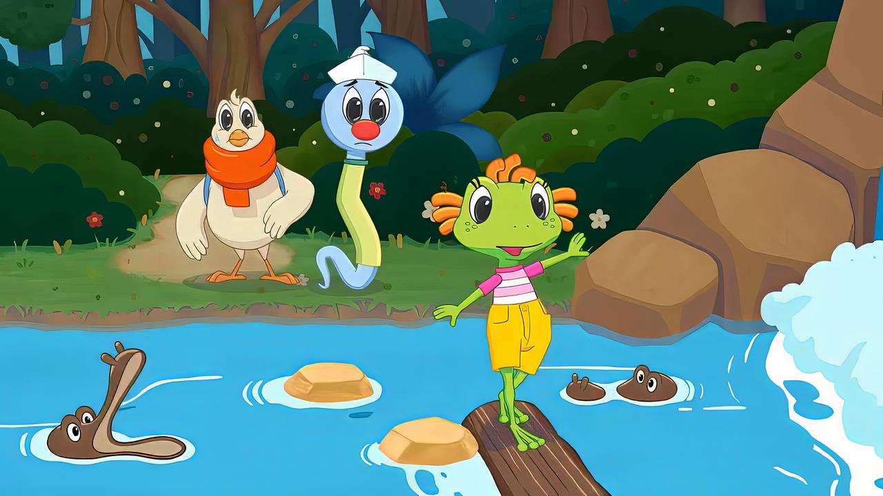 So ein Zauberfluss mit Schokokrokodilen ist nicht leicht zu überqueren. Da hat Mimi Lou eine Idee. Wie eine Akrobatin hüpft sie von Stein zu Stein. 