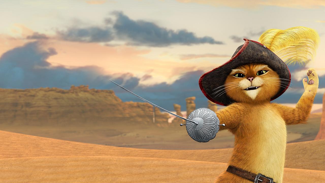 © ORF/Universal Der gestiefelte Kater mit Hut und Degen. Er steht in einer Wüstenlandschaft.