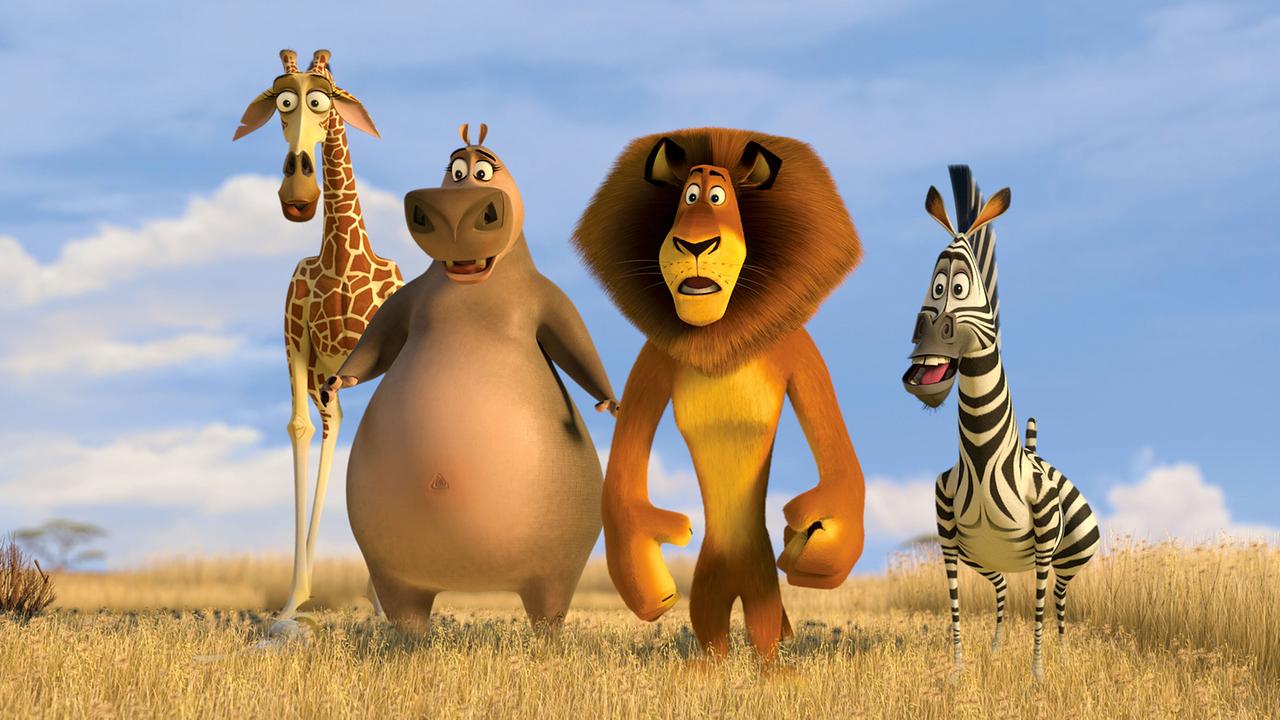 © ORF/Telepool Eine Giraffe, ein Nilpferd, ein Löwe und ein Zebra stehen in der Savanne, sie blicken erstaunt.