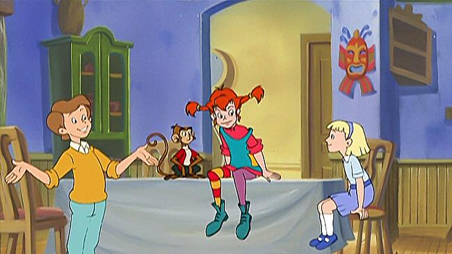 Pippi Langstrumpf mit ihren Freunden Annika und Annika. Sie sitzen in der Küche.
