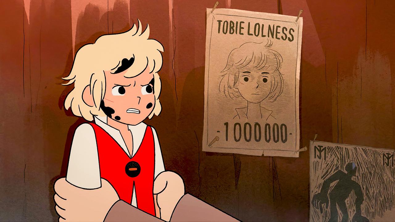 Ein blonder Junge schaut einen Mann böse an. Der Mann drückt ihn gegen eine Wand und hält ihn fest.