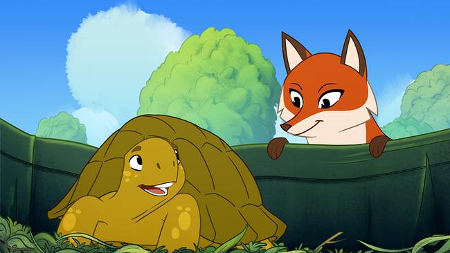 Die Schildkröte Törtel spricht mit einem Fuchs