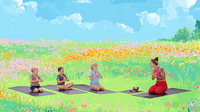 Drei Kinder und eine Yogalehrerin sitzen auf einer bunten Blumenwiese