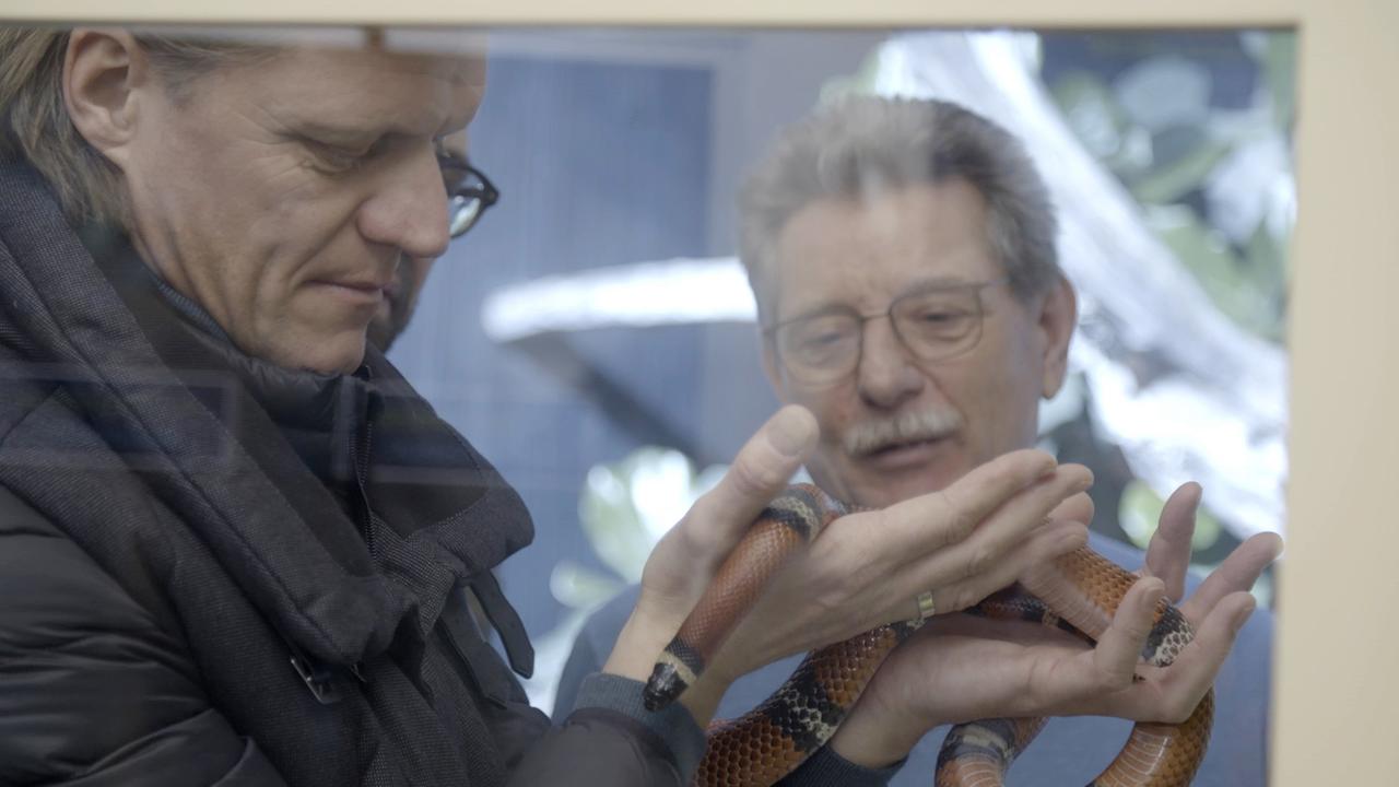 "Seidl und Fleischhacker im Außendienst": Gery Seidl mit einer Schlange im Haus des Meeres. 