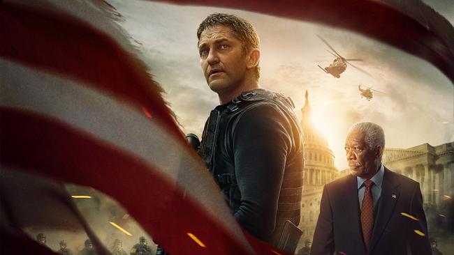Gerard Butler als Mike Banning in dunkler Kleidung, hinter ihm Morgan Freeman als Allan Trumbull im Anzug - hinter ihnen das Weiße Haus und fliegende Hubschrauber
