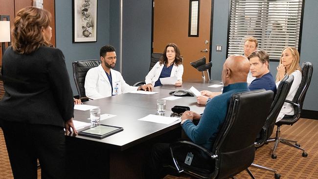 © ORF/Disney/ABC/Liliane Lathan Im Bild (v.li.): Chandra Wilson (Dr. Miranda Bailey), Anthony Hill (Dr. Winston Ndugu), Caterina Scorsone (Dr. Amelia Shepherd), James Pickens Jr. (Dr. Richard Webber), Kevin McKidd (Dr. Owen Hunt), Chris Carmack (Dr. Atticus Lincoln), Kim Raver (Dr. Teddy Altman).