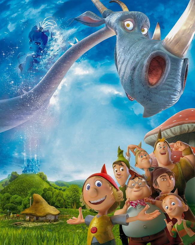 © ORF/Telepool Animation - sieben fröhliche Zwerge mit bunten Zipfelützen stehen vor idyllischer, hügeliger Landschaft mit einem Strohdachhaus - über ihnen blickt ein riesiger Drache ins Bild