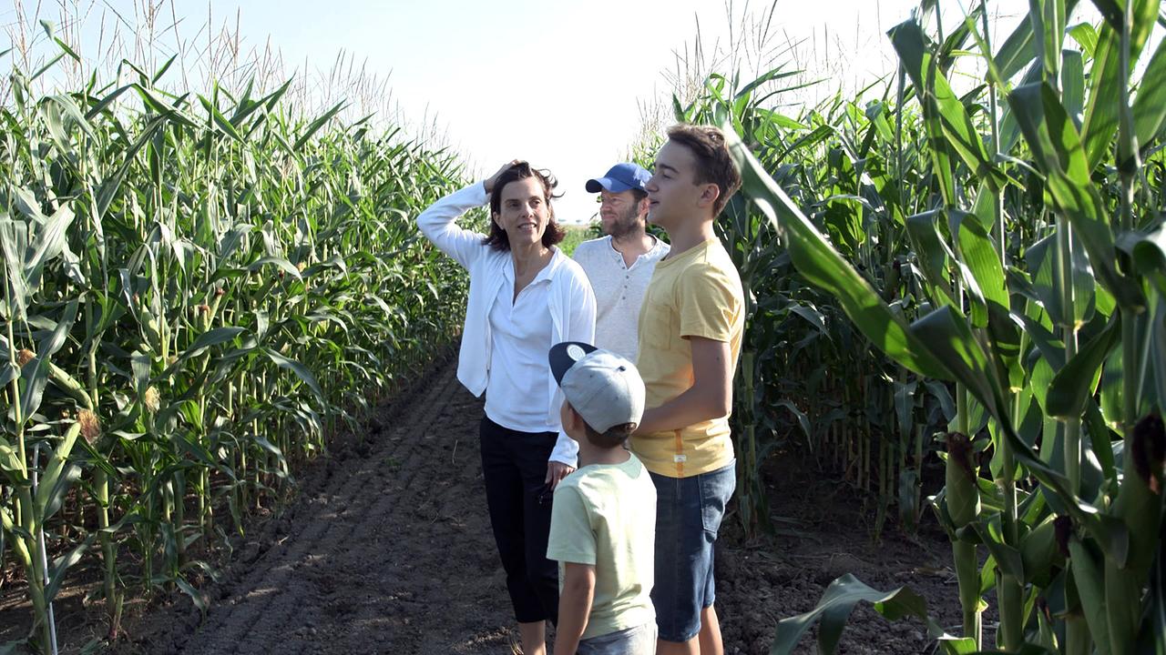 Im Bild: Familie Kovacs sieht erstmals wieviel Ackerfläche pro Person nur für Maisanbau reserviert ist.