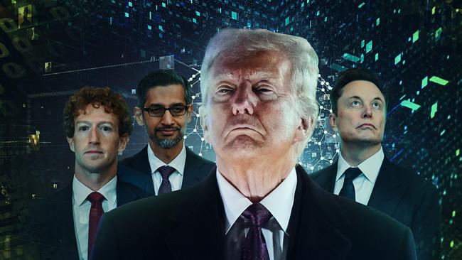 Foto-Montage - Donald Trump im Vordergrund, hinter ihm Mark Zuckerberg, Sundar Pichai und Elon Musk 