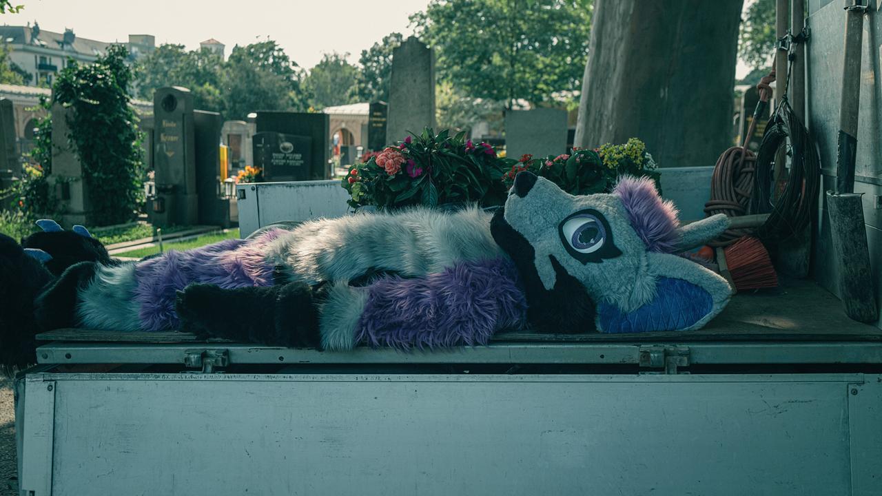 Eine Person im Tierkostüm liegt auf der Ladefläche eines Wagens, im Hintergrund sind Grabsteine des Friedhofs zu sehen