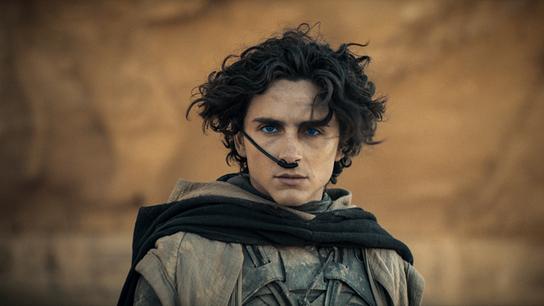 Timothée Chalamet steht als Paul Atreides vor einer beigen Felswand und blickt ernst vor sich hin