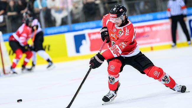 Lukas Kainz (AUT) im Rahmen eines Eishockey Testpieles zwischen Österreich und Kanada, am Sonntag, 4. Mai 2025, in Wien.