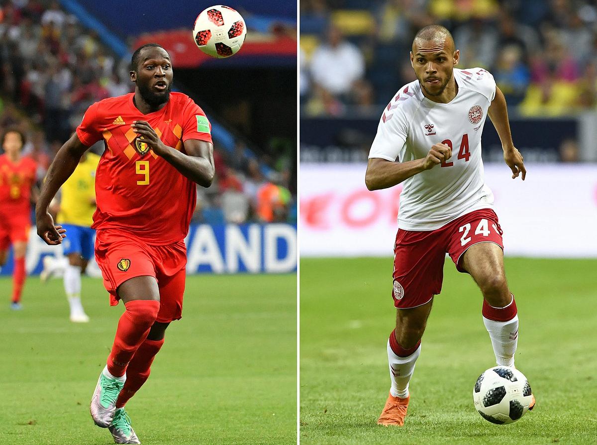 © APA/AFP/EMMANUEL DUNAND, Jonathan NACKSTRAND Diese am 15. Juni 2021 erstellte Bildkombination zeigt Belgiens Stürmer Romelu Lukaku (L) während des Viertelfinalspiels der Russland-Weltmeisterschaft 2018 zwischen Brasilien und Belgien in der Kasaner Arena in Kasan am 6. Juli 2018 und Dänemarks Stürmer Martin Braithwaite während des internationale n Freundschaftsspiels Schweden gegen Dänemark in Solna, Schweden am 2. Juni 2018. Dänemark trifft in seinem zweiten Fußballspiel der Gruppe B der UEFA EURO 2020 im Parken-Stadion in Kopenhagen am 17. Juni 2021 auf Belgien.