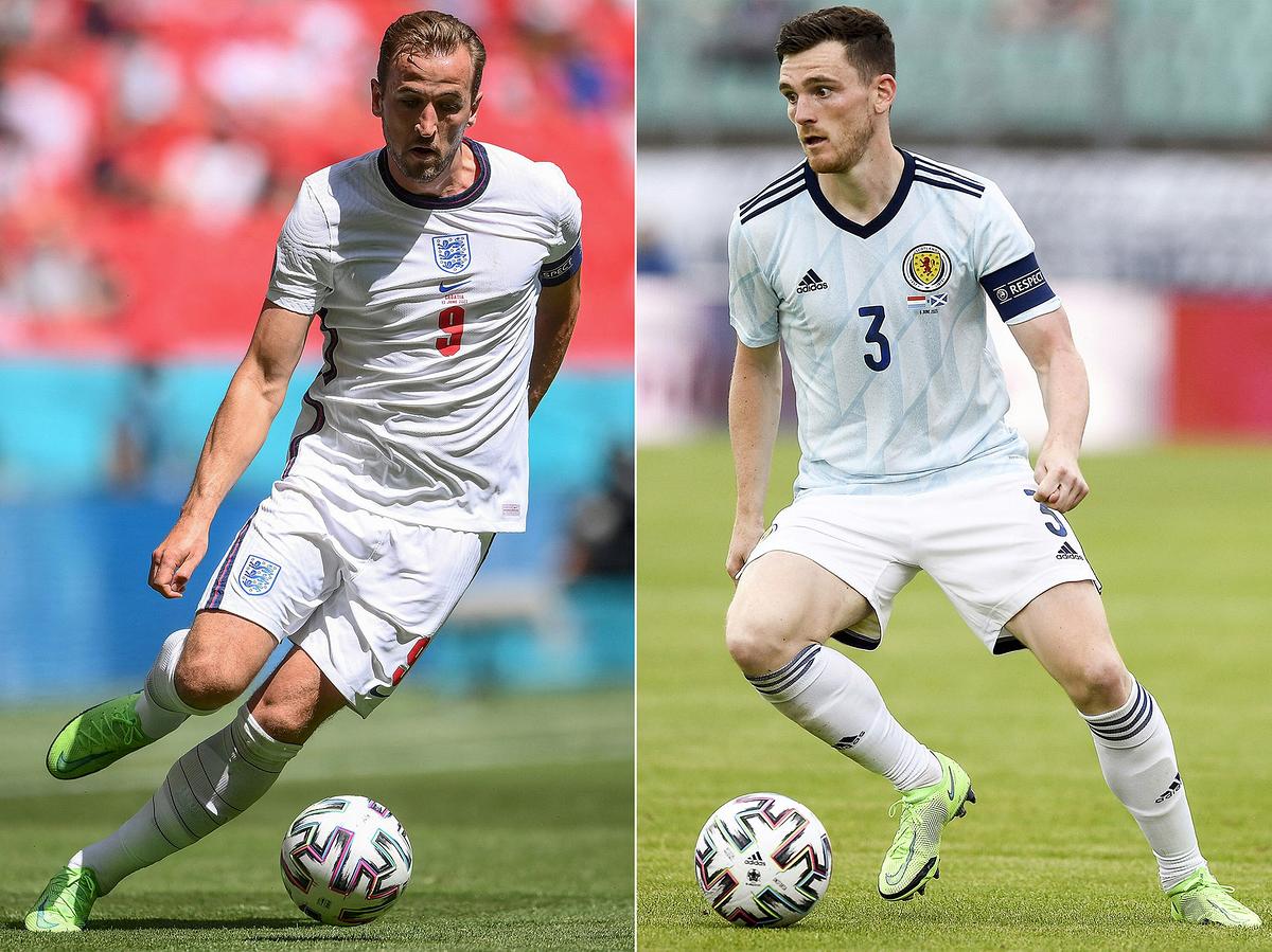 Diese Bildkombination zeigt Englands Stürmer Harry Kane (links) am 13. Juni 2021 im Wembley-Stadion in London und Schottlands Verteidiger Andy Robertson am 6. Juni 2021 im Josy Barthel-Stadion in Luxemburg.
