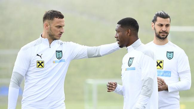 © APA/ROBERT JAEGER Marko Arnautovic, David Alaba und Aleksandar Dragovic während des Trainings der österreichischen Fußball-Nationalmannschaft am Freitag, 28. Mai 2021, in Bad Tatzmannsdorf.