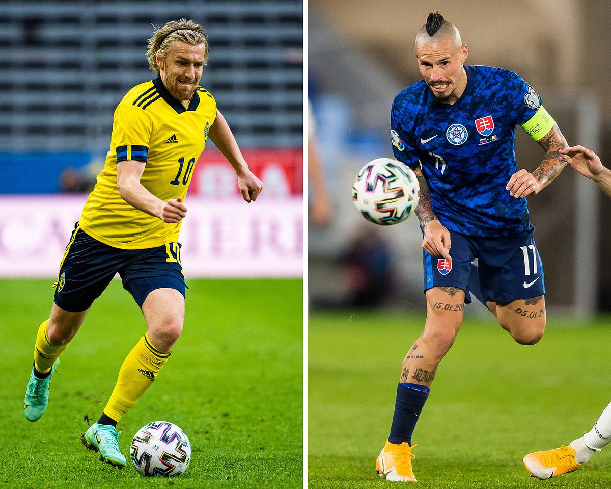 Diese Bildkombination zeigt Schwedens Mittelfeldspieler Emil Forsberg (links) in Solna am 29. Mai 2021; und der slowakische Mittelfeldspieler Marek Hamsik am 8. Oktober 2020 in Bratislava.