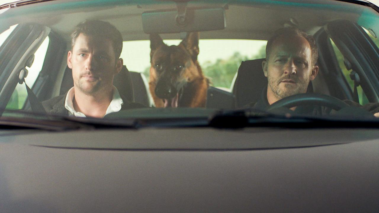 Schäferhund Rex sitzt auf dem Rücksitz eines Autos zwischen  Ferdinand Seebacher und Maximilian Brückner auf den Vordersitzen.