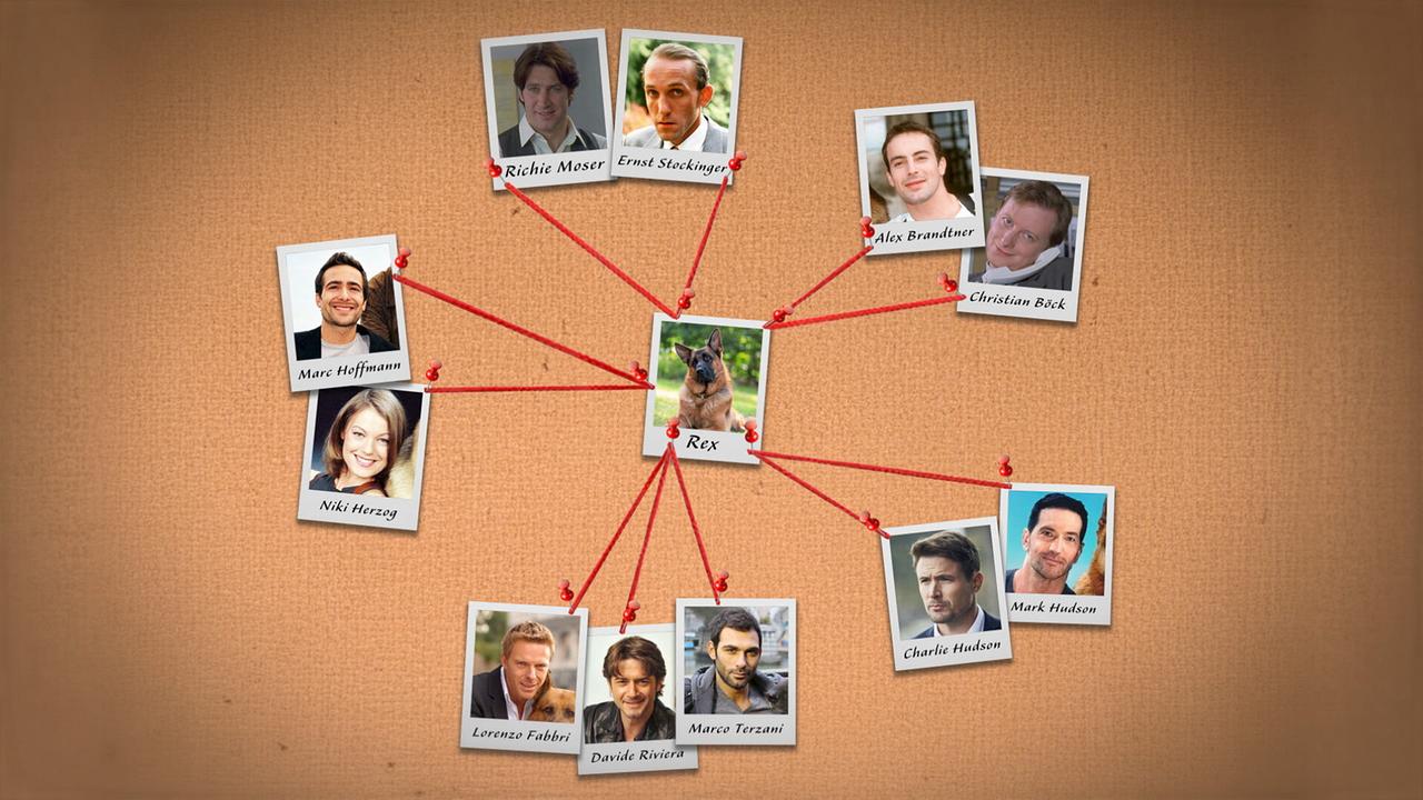 Eine Pinnwand zeigt mehrere miteinander verbundene Porträtfotos der menschlichen Partner von Rex, die zentral um das Bild von Schäferhund Rex angeordnet sind.