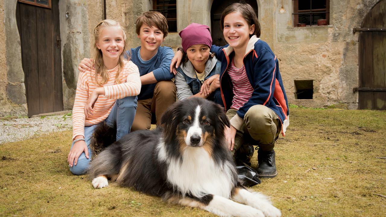 Im Bild: Die Fünf Freunde: Anne (Amelie Lammers), Julian (Marinus Hohmann), Dick (Ron Antony Renzenbrink), George (Allegra Tinnefeld) und Timmy, der Hund.