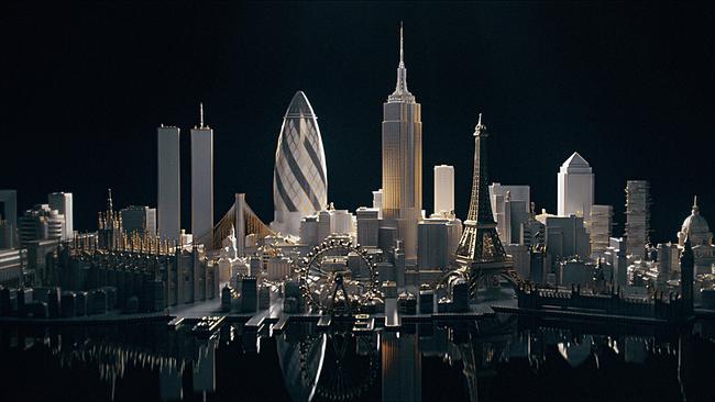 Eine fiktionale Skyline mit berühmten Gebäuden der Modestädten Paris, Mailand, London und New York