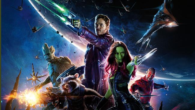 Im Bild: Groot, Rocket, Chris Pratt (Peter Quill), Zoe Saldana (Gamora), Dave Bautista (Drax, der Zerstörer).