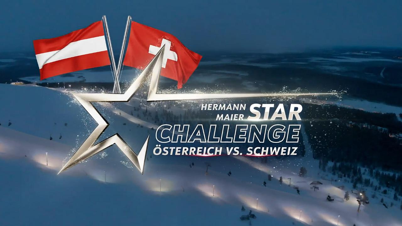 Eine Wintersport‑Kulisse zeigt das Logo der „Hermann Maier Star Challenge“ mit den Flaggen von Österreich und der Schweiz