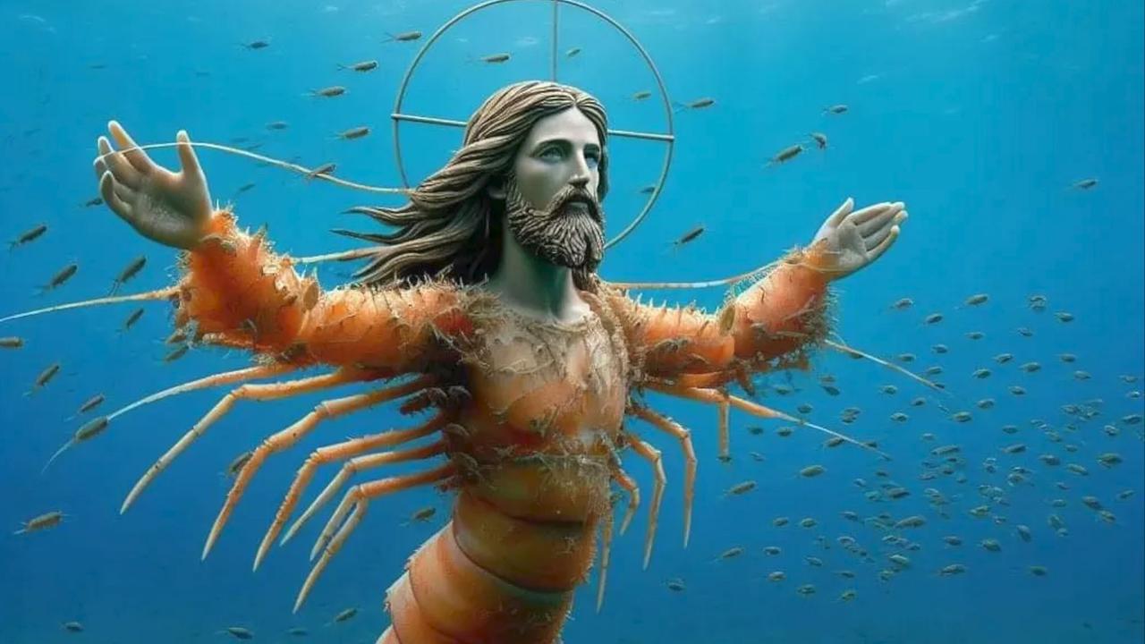 © ORF/New Docs/Studio Fritz Gnad KI - generiertes Bild - 'Shrimp Jesus' - eine Mischfigur: Kopf, Hals und Hände einer Jesus-Figur, der Rest Gliedmaßen und Körper eines Shrimps