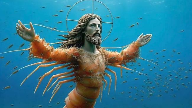 KI - generiertes Bild - 'Shrimp Jesus' - eine Mischfigur: Kopf, Hals und Hände einer Jesus-Figur, der Rest Gliedmaßen und Körper eines Shrimps