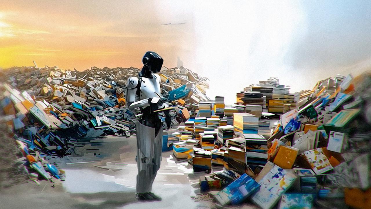 © ORF/New Docs/Studio Fritz Gnad KI-generiertes Bild: Ein Roboter steht inmitten einer Müllhalde diverser Medienträger wie Bücher, Bilder etc.