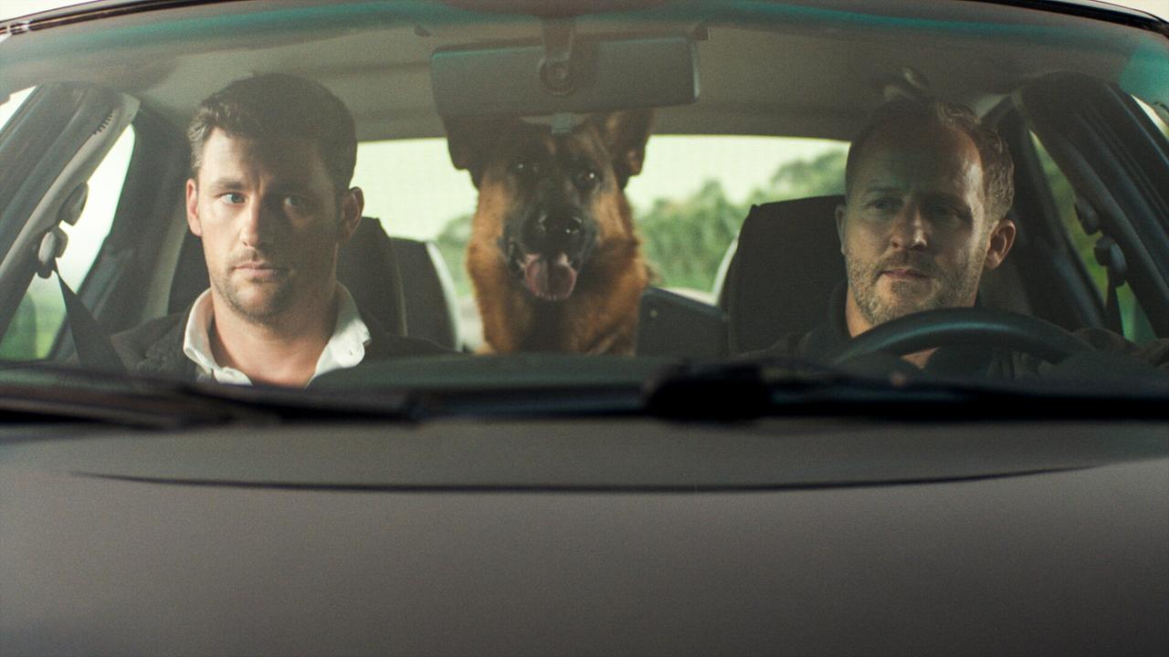 Kommissar Max Steiner am Steuer eines Autos, am Beifahrersitz Inspektor Felix Burger, am Rücksitz zwischen ihen sitzt Schäferhund Rex